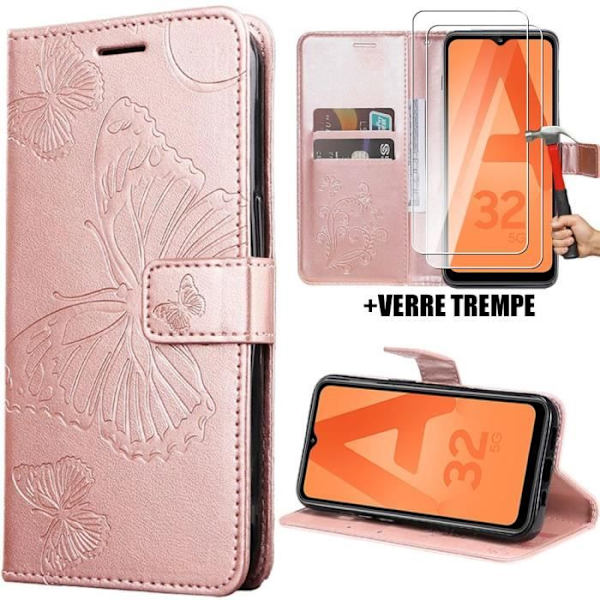 Skyddande skal - Samsung - Galaxy A32 5G - PU-läder Rosa - Fjärilsmotiv - Videostöd Rosa