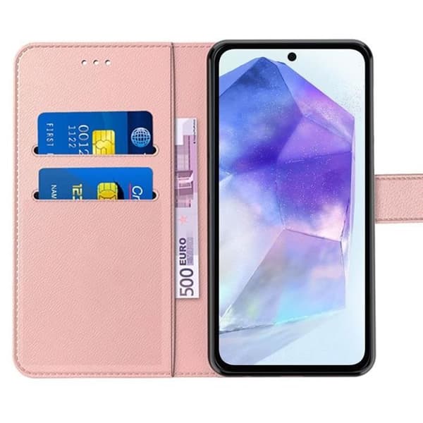 Skyddsskal - BOOLING - för Samsung Galaxy A55 5G - Rosa - Stötsäker Läderlook - Kortfack - med 2 Skyddsglas Rosa