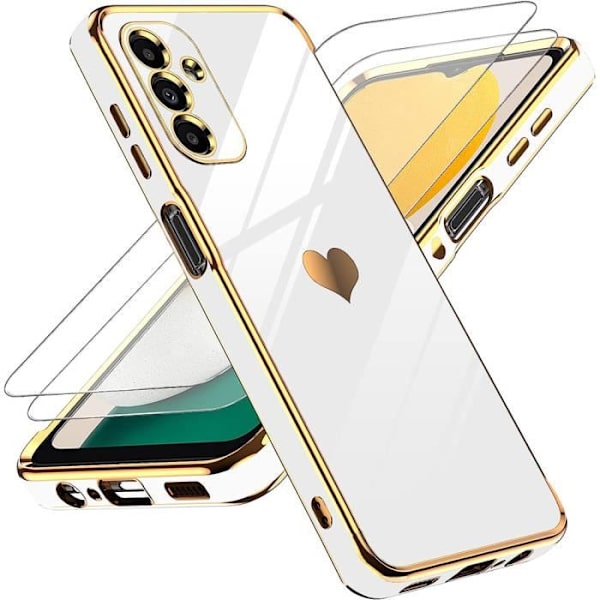 TPU-fodral för Samsung Galaxy A14 4G-5G Vit anti-skrapa hjärtamönster + 2 härdade glasögonskydd