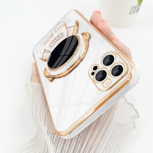 Fodral för iPhone 16 Pro Max - Vit - Astronautmönster - Flexibelt silikon - Stötsäker - Justerbart stativ Vit
