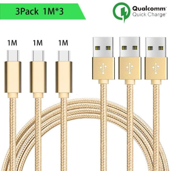 USB Type C-kabel, paket med 3, 1M - Guldnylon