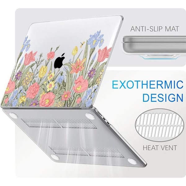 Fodral för MacBook Air 15 Tum M4 M3 M2 2025 2024 2023, Lätt Hårdskydd Halkfri Blommönster Gul, Rosa