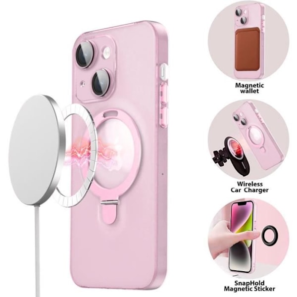 Fodral för iPhone 15, stötsäkert hårt med justerbar magnetisk ringhållare och kameraskydd - genomskinlig rosa Rosa
