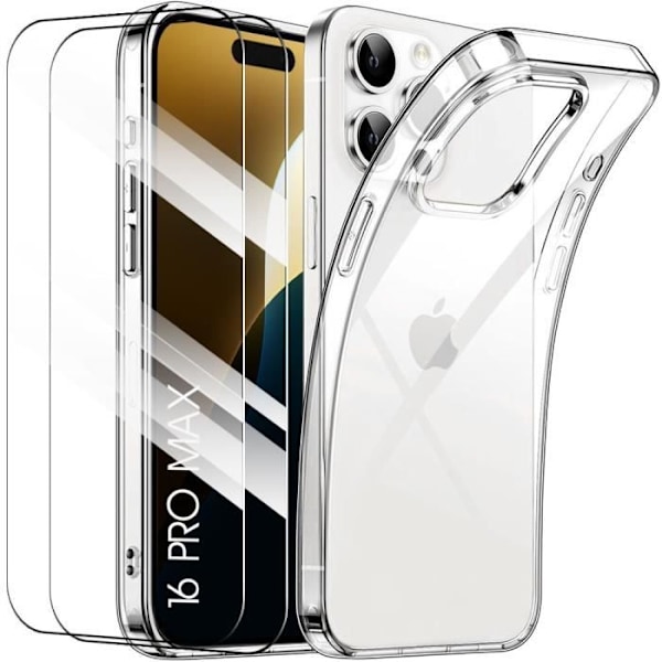Fodral för iPhone 16 Pro Max med 2 härdade glasögon - Transparent silikonförstärkt skyddsfodral Transparent