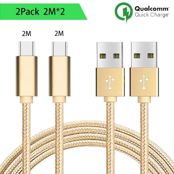 USB Typ C-kabel, 2-pack, 2M - guldnylon