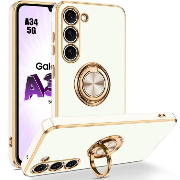 Coque - BOOLING - för Samsung Galaxy A34 5G - Silikon TPU - Rotterande Ringstöd - Vit Vit