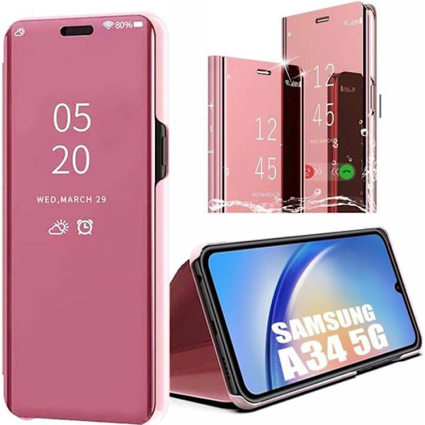 Fodral till Samsung Galaxy A34 5G med 2 härdade glasögon Skyddsspegeleffekt Smart Fodral Rosa