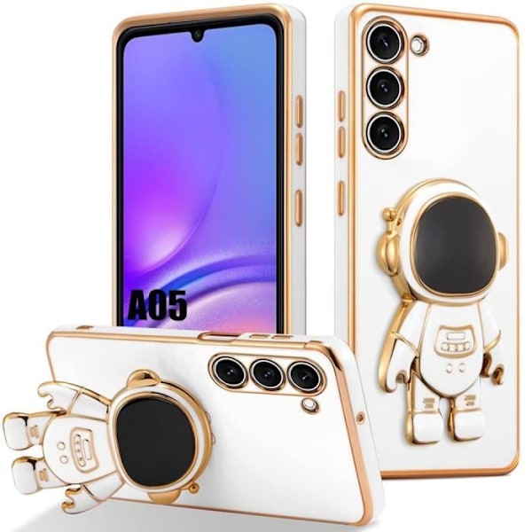 Fodral för Samsung Galaxy A05 (ej för A05s), Stötsäker mjuk silikon med elektropläterad Astronaut Kickstand, Vit