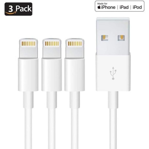 3st Laddarkabel 1M, Kabel för iPhone iPad iPod med aluminiumbeständig kontakt, Ultrasnabb USB-laddarkabel - Vit