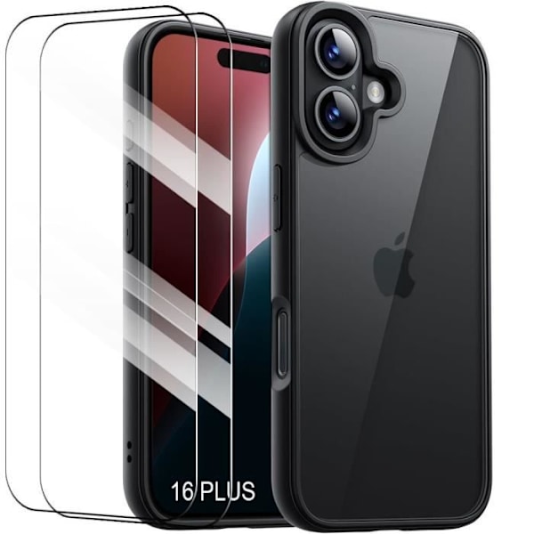 Fodral + 2 härdade glasögon för iPhone 16 Plus - Svart hårt stötsäkert fodral med genomskinlig baksida