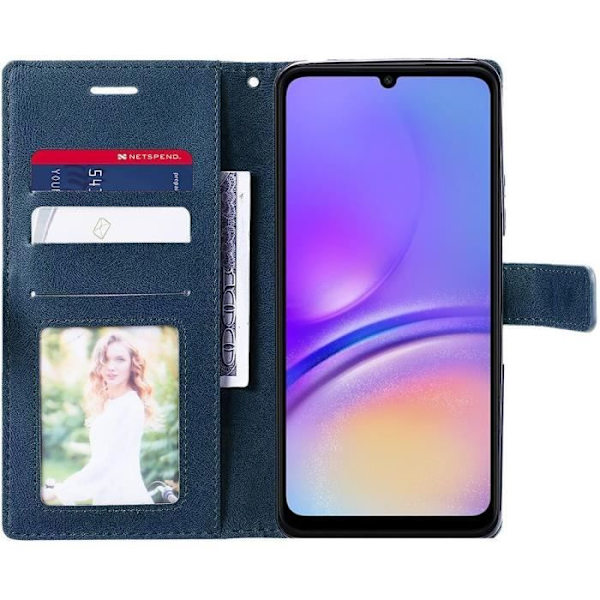 Fodral för Samsung Galaxy A05 med 2 härdat glas, stötsäkert med kortficka Lädereffekt Marinblå (ej för A05) marinblå