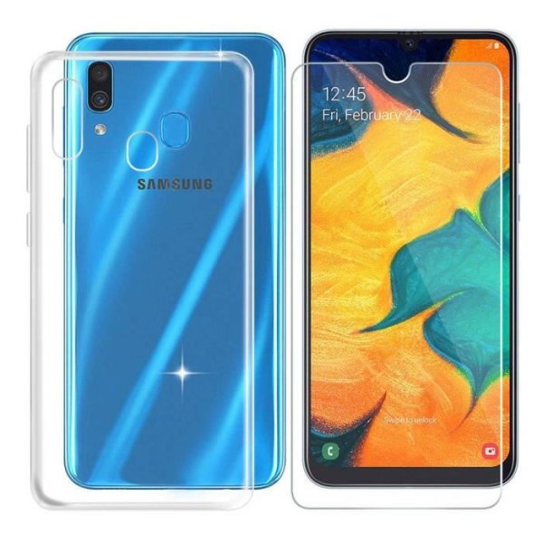 Etui til Samsung Galaxy A20e 5,8" + Skærmbeskytter i hærdet glas, blødt gennemsigtigt silikone TPU bumpercover