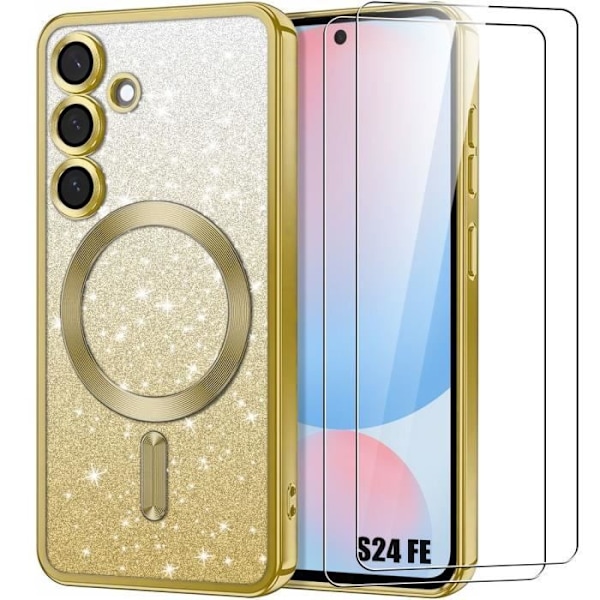 Coque och 2 Dränkta Glas för Samsung Galaxy S24 FE, Skydd med Glitter och Magnetisk Ring samt Kamerafilm - Guld