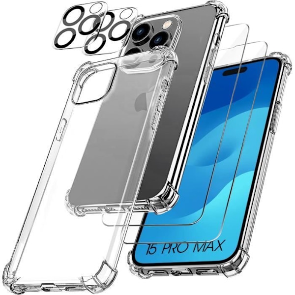 Fodral för iPhone 15 Pro Max Förstärkt TPU + 2 skärmar i härdat glas och 2 bakre kameraskydd Transparent