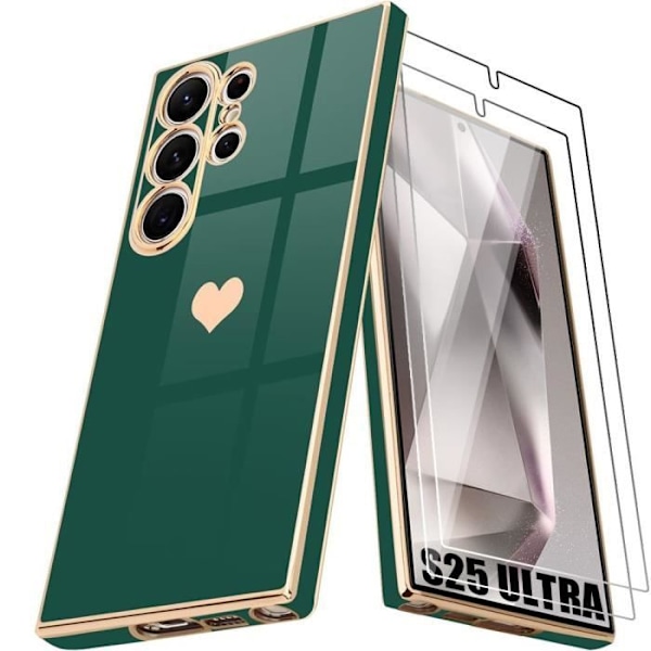 Fodral och 2 härdade glasögon för Samsung Galaxy S25 Ultra - Skydd med hjärtmönster Stötsäker Ultra Slim Lightweight - Midnattsgrön