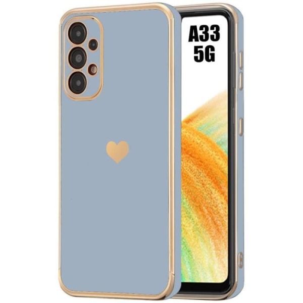 Cover til Samsung Galaxy A33 5G, blå, stødsikker flydende silikone, luksusstil med belagt kærlighedshjertemønster