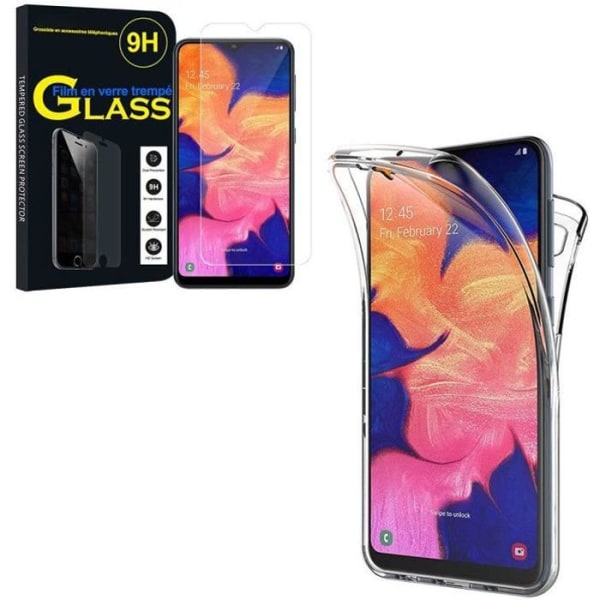 Til Samsung Galaxy A10 6.2": Silikonetui 360° fuld beskyttelse For- og bagside - TRANSPARENT + 1 hærdet glasfilm