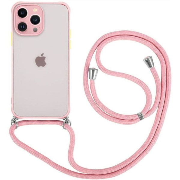 Fodral för iPhone 13 Pro (6,1") Styvt hårt frostat stötsäkert skydd Ljus färg + justerbar axelrem Rosa Rosa