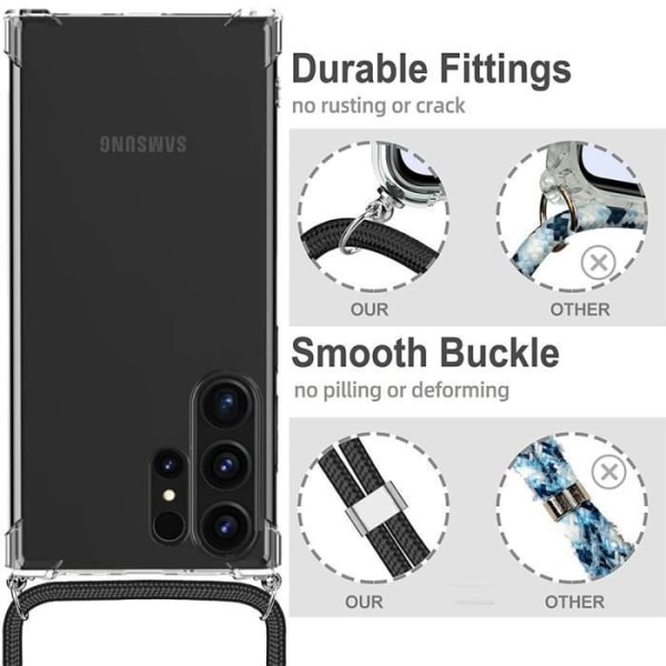 Fodral för Samsung Galaxy S24 Ultra, mjuka anti-skrapa förstärkta hörn + vit axelrem