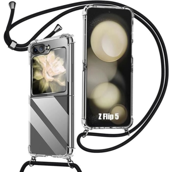 Fodral till Samsung Galaxy Z Flip 5, förstärkt stötsäker TPU med svart sladdhalsband Transparent, svart