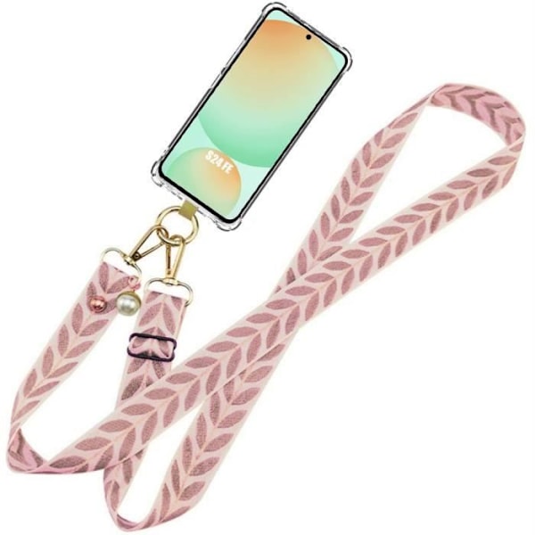 Fodral för Samsung Galaxy S24 FE (ej för S24) - Transparent stötsäkert TPU-förstärkt skydd med rosa axelrem