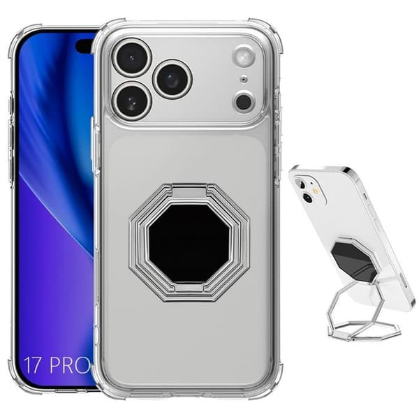 Coque för iPhone 17 Pro, Ultra Slim Silikon Stötsäker med Multi-Angle Rotationsstöd Silver Transparent