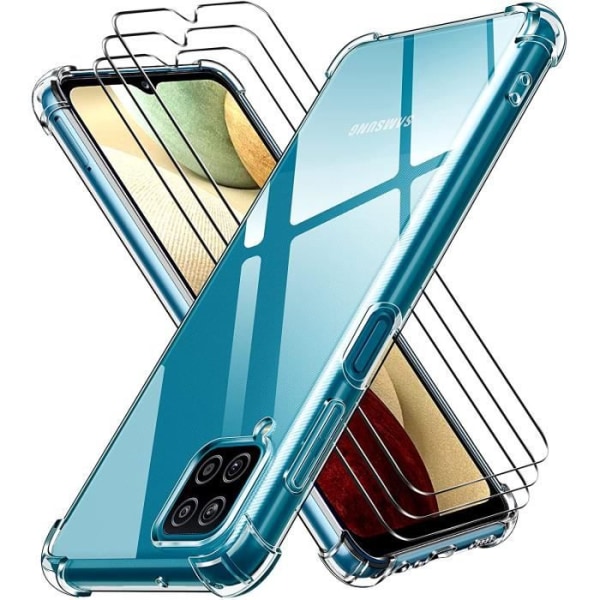 Fodral för Samsung Galaxy A12 / M12 + 3-pack skärmskydd i härdat glas, genomskinlig stötsäker silikonskyddsfodral