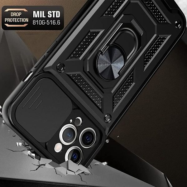 Fodral för iPhone 14 Pro Max + 2 härdade glasögon, hårt stötsäkert svart fodral med kameraskydd