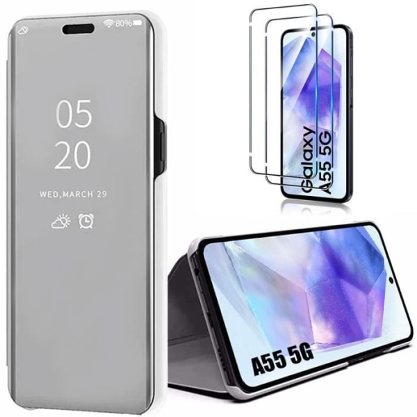 Etui til Samsung Galaxy A55 5G + 2 hærdede briller, Flip Cover Clear View stødsikker med stativfunktion, spejleffekt, sølv Silver