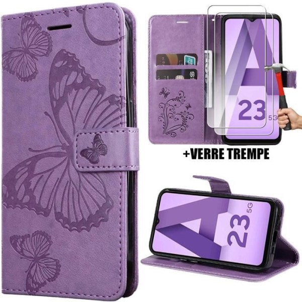 Etui + 2 hærdede briller til Samsung Galaxy A23 5G, stødsikker beskyttelse Syntetisk læder Butterfly Print Lilla