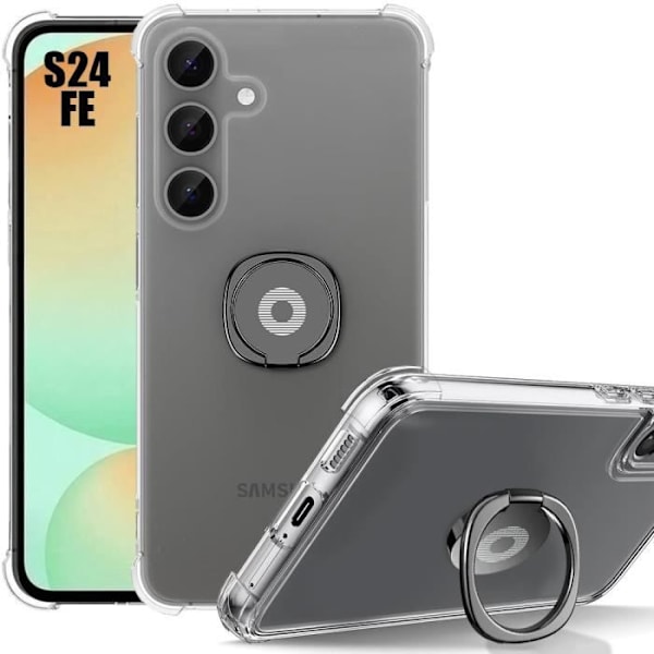 Fodral för Samsung Galaxy S24 FE (ej för S24), genomskinlig silikon stötsäkra förstärkta hörn med svart stativ