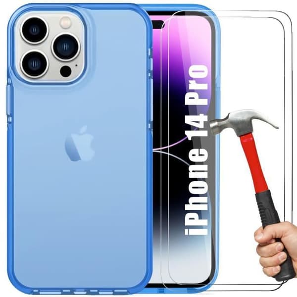 Coque - BOOLING - för iPhone 14 Pro - Silikon Blå - Mjuk - Optimal Skydd - 2 Härdade Glas Blå