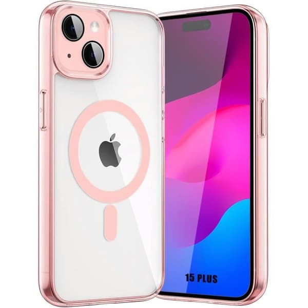 Skyddsskal - för iPhone - 15 Plus - Hårt - Magnetisk Cirkel - Härdat Glas Rosa