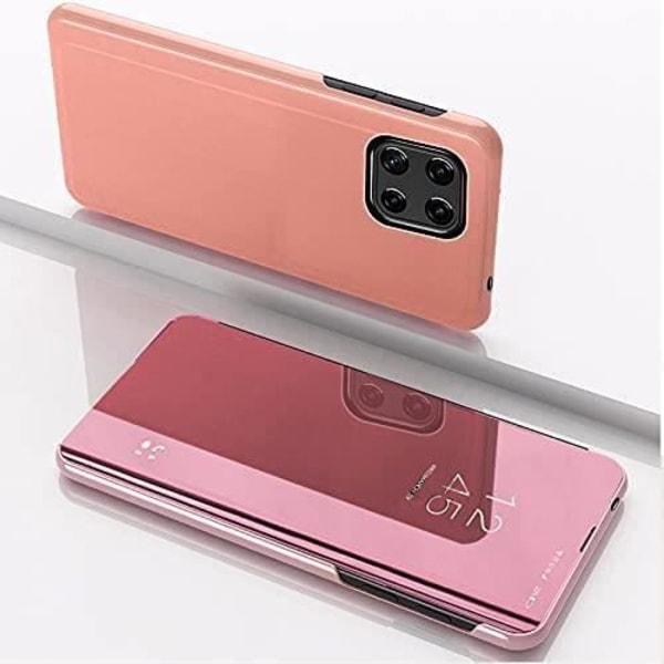 Etui til Samsung Galaxy A22 5G, Spejlflip-etui 360 Fuld beskyttelse Klart syn Gennemsigtigt PU-læderetui Rose Gold