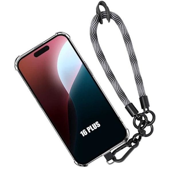 Transparent silikonfodral för iPhone 16 Plus med avtagbar grå rem, stötsäkert skydd