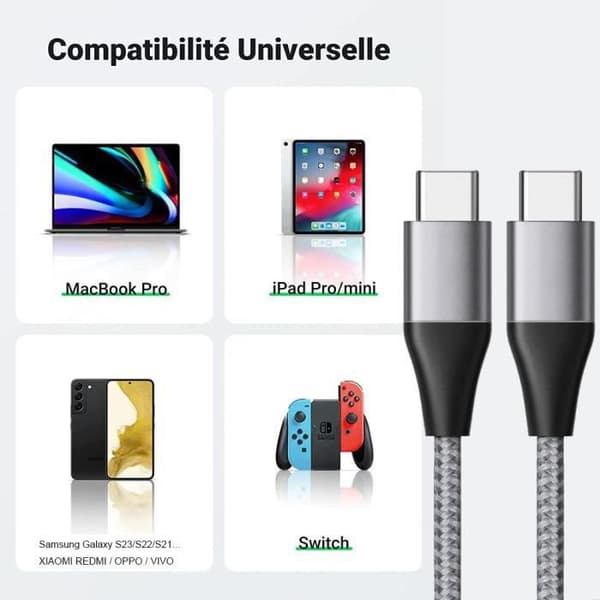 USB-C-laddare 25W - e.f.connection - Kompatibel med Note 14/pro plus /Note 13/12 - Kabel 1M - Grå Nylon - Snabb Grå