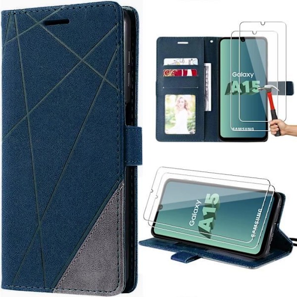 Skydd för Samsung Galaxy A15 5G - VARUMÄRKE - Retro Fällbar - Stötsäker - 2 Härdat Glas marinblå