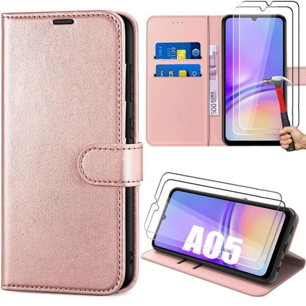 Rosa PU-läderfodral + 2 härdade glasögon för Samsung Galaxy A05 - BOOLING - Halvstyv - Flik Rosa