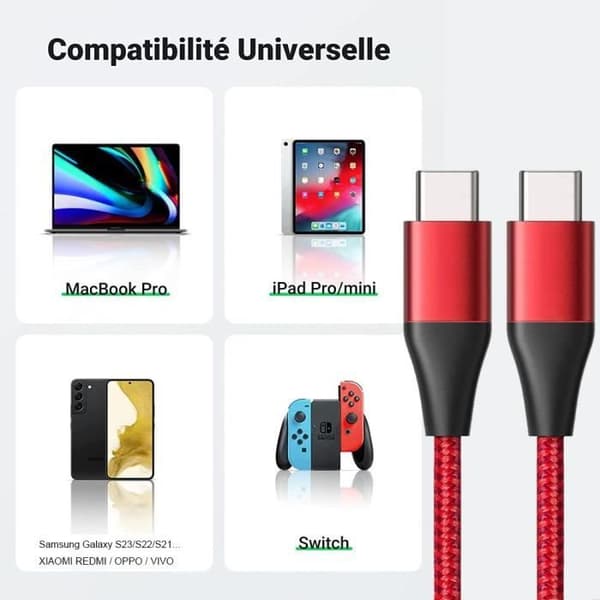 Snabbladdare USB-C 25W - e.f.connection - Nylonkabel 1M - Kompatibel med Xiaomi Note 14/Note 13 - Röd