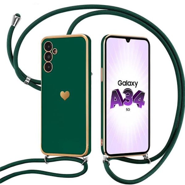 Lanyardfodral för Samsung Galaxy A34 5G Nattgrönt mjukt silikonhjärtamönster med justerbart linband Nattgrönt