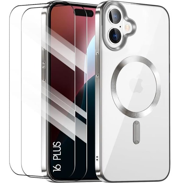 Skyddande folie - iPhone - 16 Plus - Transparent TPU - Silverfärgad kromkant - 2 härdade glas Klar, Silver