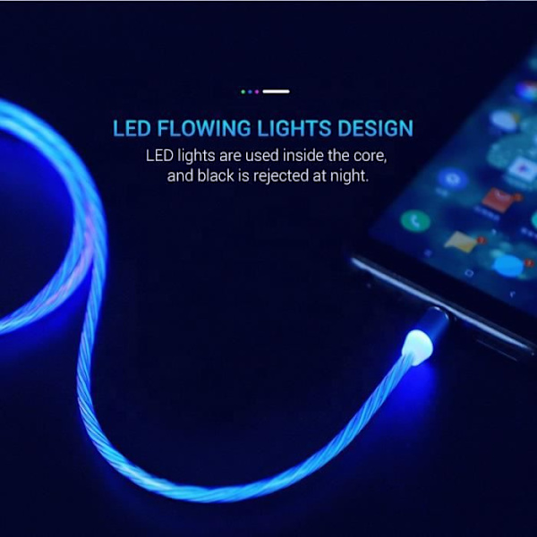 Glöd LED-belysning Snabbladdning Magnetisk USB Typ C-kabel Magnetkabel USB-mikroladdarkabel för Huawei iPhone