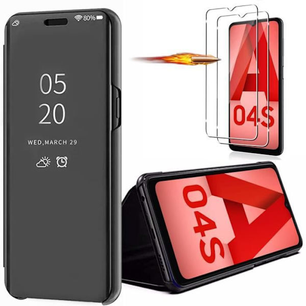 Flip-fodral + 2 härdade glasögon för Samsung A04s Black Clear View Anti-chock