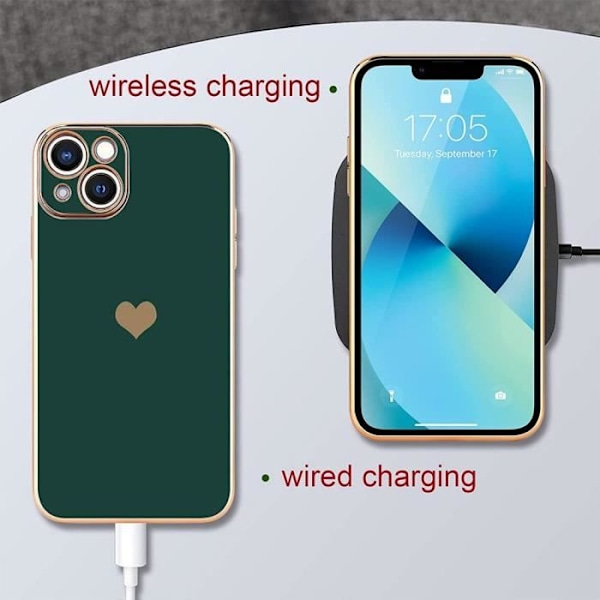 Fodral för iPhone 13 Pro Max (6,7") midnattsgrönt galvaniserat guld Stötsäkert hjärtmönster Anti-skrapa Lyx kärlek-söt Midnattsgrönt