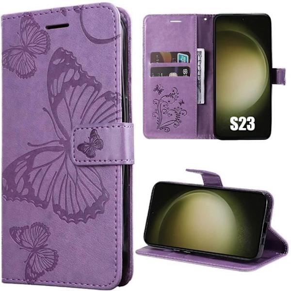 Fodral för Samsung Galaxy S23, Flip-fodral i syntetiskt läder med tryckt fjärilsmönster - lila