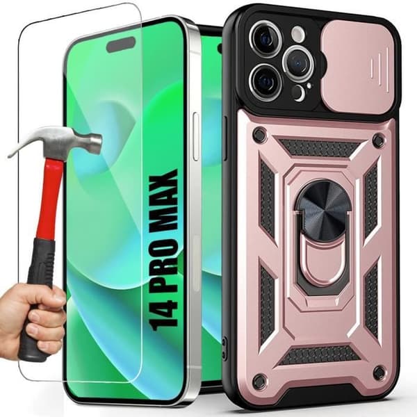 Coque - BOOLING - för iPhone 14 Pro Max - Stötabsorberande - Skjutlock - Rotationsstöd Rosa