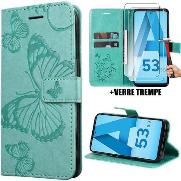 Coque - Samsung - Galaxy A53 5G - PU-läder Grön - Fjärilmönster - 2 Härdat glas 9H Grön