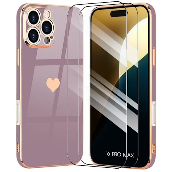 Skyddsfodral - BOOLING - iPhone 16 Pro Max - Hybrid Silikon Lila - Hjärtmotiv - 2 Härdade Glas Violet, Guld