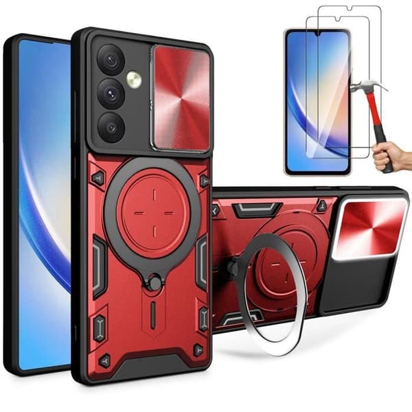 Coque - BOOLING - för Samsung Galaxy A34 5G - Röd - 2 Härdat Glas - Stöd Ring Röd