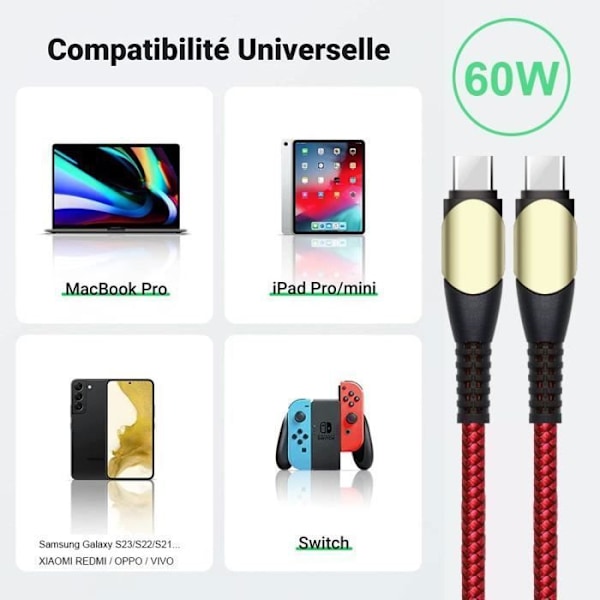 3x USB-C till USB-C 60W-kabel för Xiaomi Redmi 9T 10C 12 13C 14C - Röd vävd nylon 1M Röd